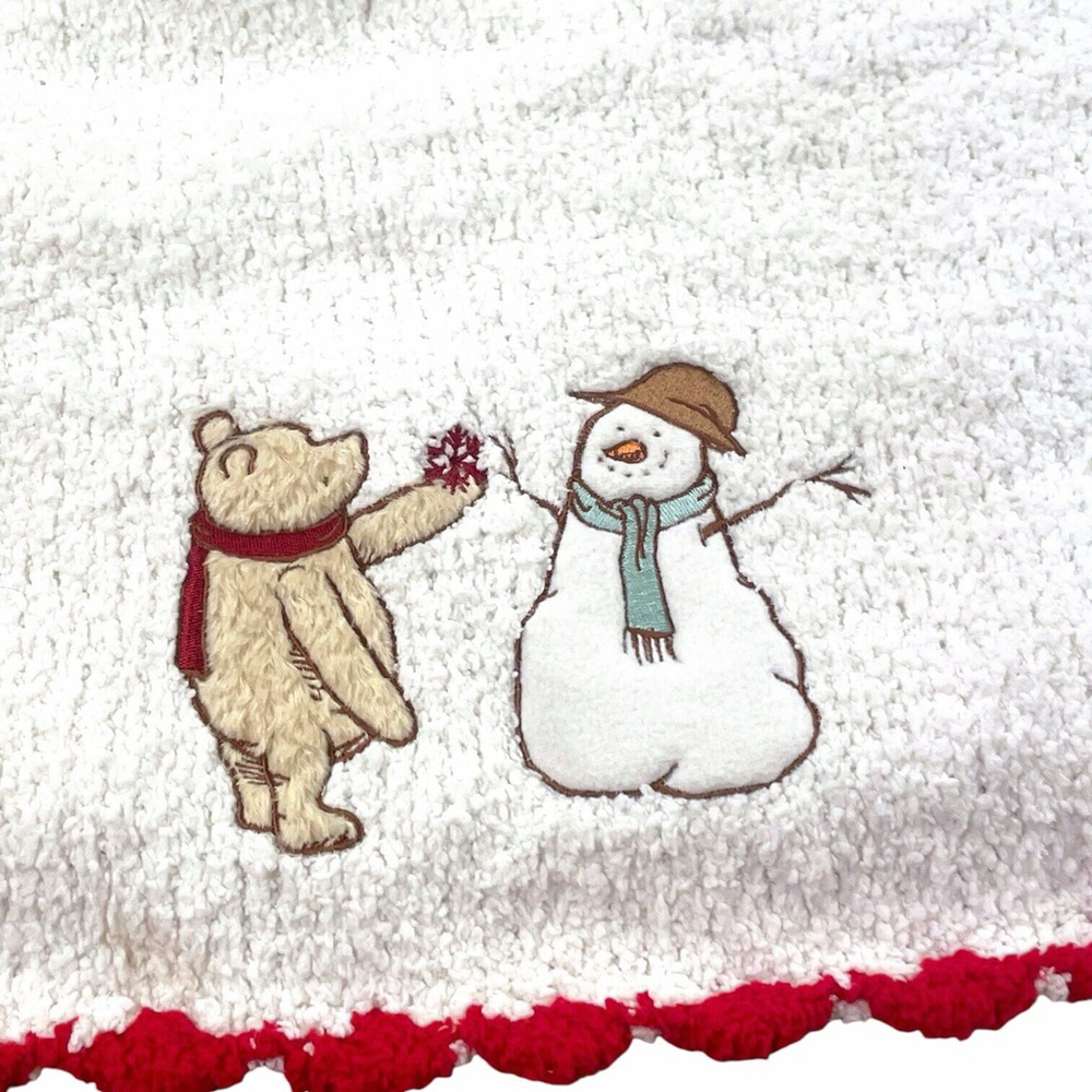 Disney Classic Winnie the Pooh Chenille Baby Blanket Snowman White Red Trim HTF - Picture 3 of 10